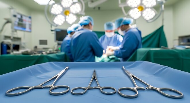 Medical team performing surgery with surgical instruments on table