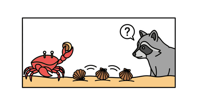 A clever crab engages a perplexed raccoon in a classic shell game on a sandy shore