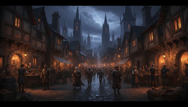 Dark Medieval Market Street at Night Thunderstorm