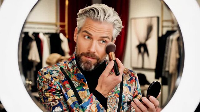 A man with short gray hair and a beard applies makeup with a brush