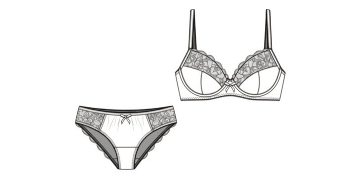 Women lace lingerie technical fashion sketch bra and panties underwear set with scalloped lace trim bow, cad drawing flat vector illustration
