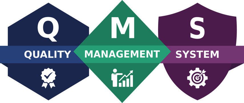 QMS Quality Management System Infographic Vector Illustration with Hexagon Diamond Shield Shapes in Navy Blue Green Purple &ndash; Business ISO Corporate Flat Design Banner