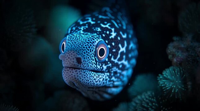 Striking portrait of a vibrant leopard moray eel peering out from a coral reef showcasing its intricate patterns and captivating blue-green hues in an underwater scene