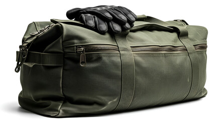 Naklejka premium Olive green duffel bag with closed zippers and black tactical gloves on top isolated on white for travel sports and outdoor activities