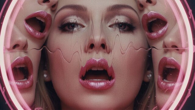 Woman with multiple reflections in neon mirror light. Hypnosis and mind control concept. Surreal portrait showing distorted face and manipulated subconscious state of psychic influence.