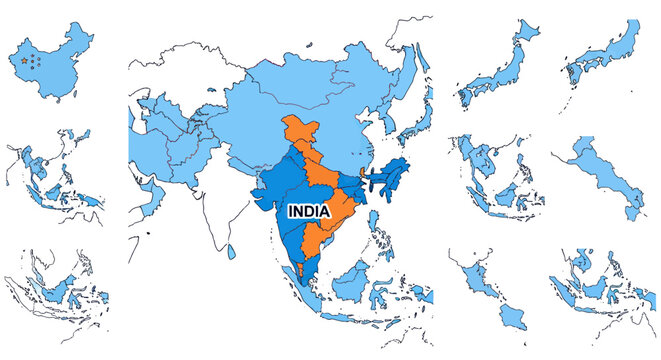India highlighted in orange on a map of Asia, surrounded by other Asian countries.