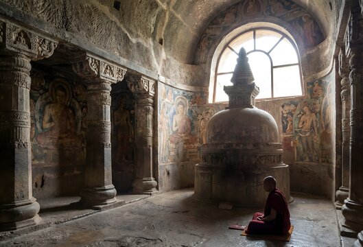 A magical, detailed interior shot of the main prayer hall (Chaitya) in Ajanta Caves, Cave 19, in Maharashtra, India. The image captures the ancient, rock-cut architecture, the towering stupa.