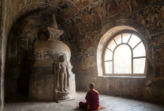 A magical, detailed interior shot of the main prayer hall (Chaitya) in Ajanta Caves, Cave 19, in Maharashtra, India. The image captures the ancient, rock-cut architecture, the towering stupa.