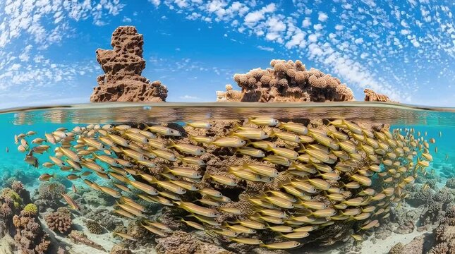 Stunning split-level underwater scene showcasing a massive school of yellowtail barracuda swimming around vibrant coral reefs and rock formations in crystal clear tropical waters