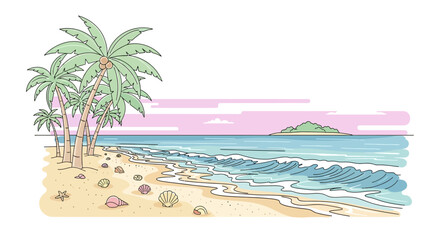 Fototapeta premium Palm trees on sandy beach shore.
