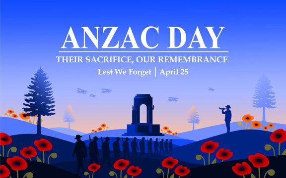ANZAC Day Sunset Memorial Illustration with Soldiers Silhouette, Lest We Forget Tribute
