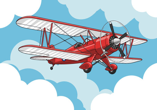 Retro Red Vintage Biplane Flying Through Fluffy White Clouds in a Clear Blue Sky Illustration