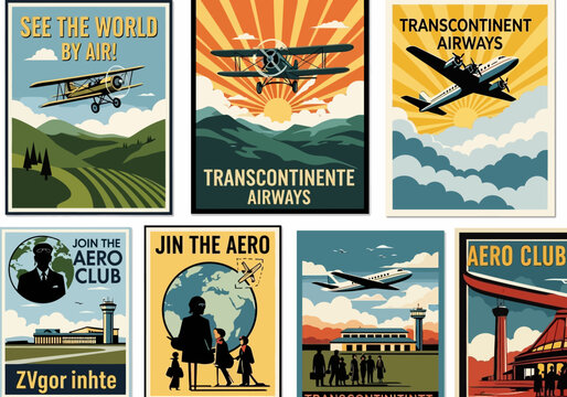 Collection of Vintage Aviation Travel Posters Featuring Retro Airplanes and Art Deco Flight Advertisements