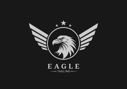 Silver Eagle Logo with Wings and Stars, Powerful Mascot Design for Corporate Identity, Security, and Sports Teams on Black Background