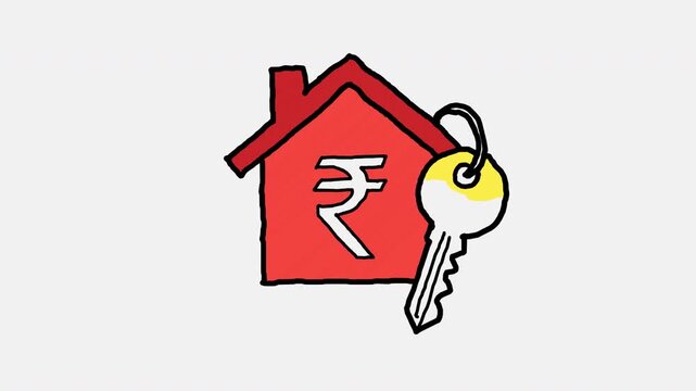 Hand drawn red house with Indian rupee symbol and yellow key, 4k animated video, alpha transparent video
