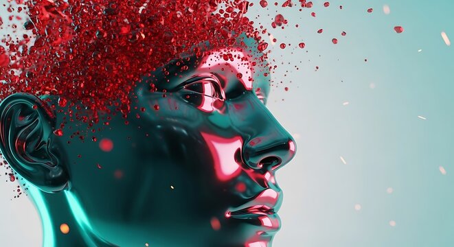 Glossy teal metallic human head with red particles exploding from the skull represents creative brainstorming and mental stress in a modern setting