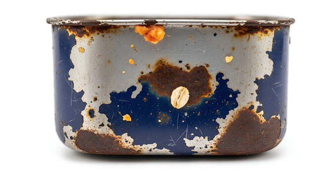Rusty and Weathered Metal Container with Food Residue and Corrosion Detailing Showing Wear and Tear and Abandonment in a Studio Setting