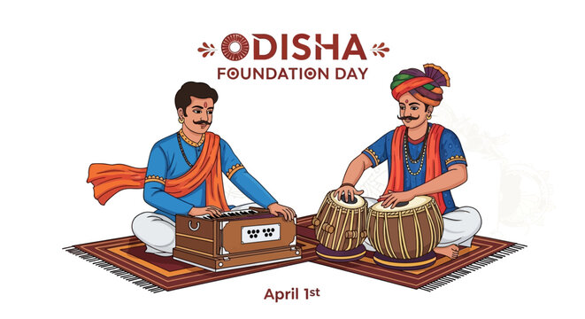 Illustration of two musicians playing traditional Indian instruments on colorful mats, celebrating Odisha Foundation Day with cultural and heritage elements.