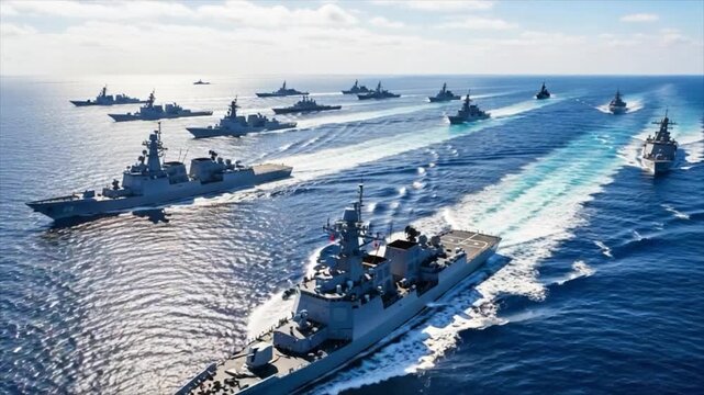 Naval Armada on the Horizon: A powerful fleet of warships cuts through the ocean waters, demonstrating naval might and strategic positioning under a clear sky.