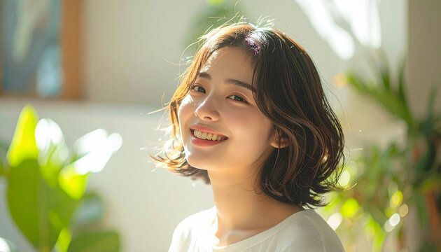 自然光の室内で微笑む日本人女性のポートレート｜ナチュラルなライフスタイル・ビューティーイメージ