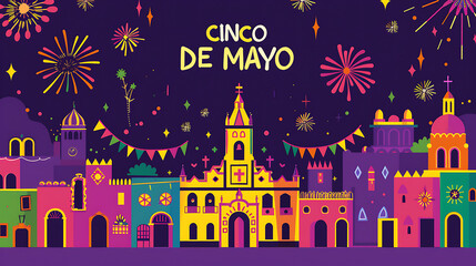 Obraz premium Cinco de Mayo Mexican town night flat vector illustration, with fireworks, traditional architecture and festive text, for party banners and celebration posters.