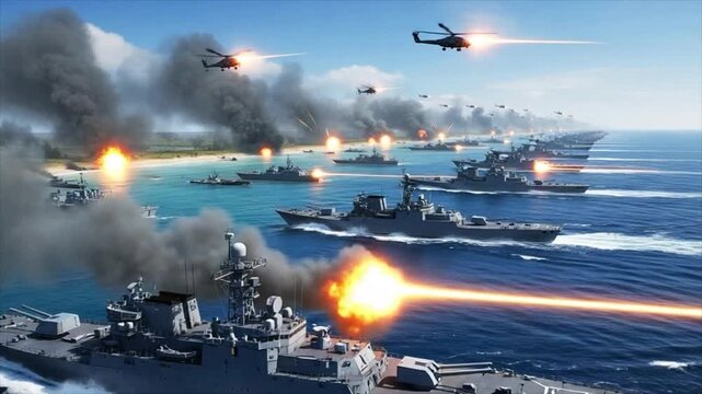 Naval Battle in the Open Sea: A dynamic display of naval warfare unfolds, as warships engage in a fierce battle. helicopters hover in the sky, adding to the intense atmosphere.