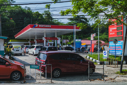 Cars queue at Pertamina gas station in Indonesia