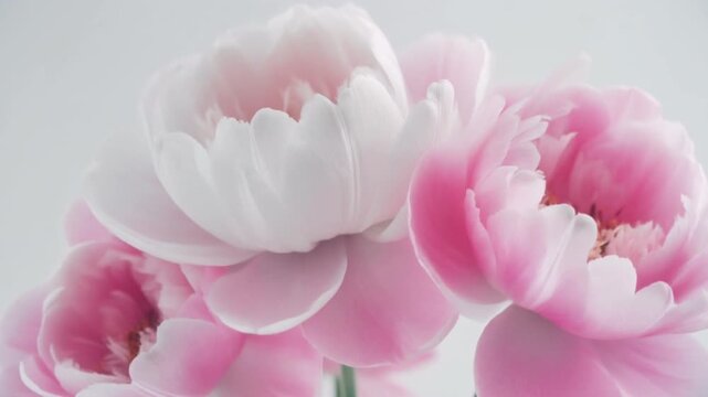 Minimalist floral macro of pink and white peony flowers blooming beautifully in a bright space