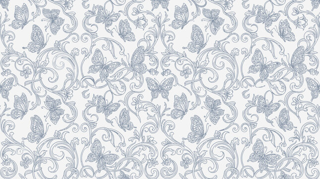 Intricate damask floral pattern with ornamental scrollwork for wallpaper and textiles showcase.