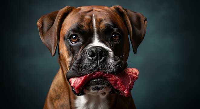 Boxer dog holding raw beef steak in its mouth against a dark background for pet nutrition and healthy natural raw food diet for purebred dogs