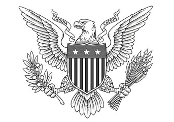 United States Great Seal Eagle Illustration - Black and White American Bald Eagle with Shield, Olive Branch, and Arrows Vector Line Art for Patriotic and Government Designs © Lala