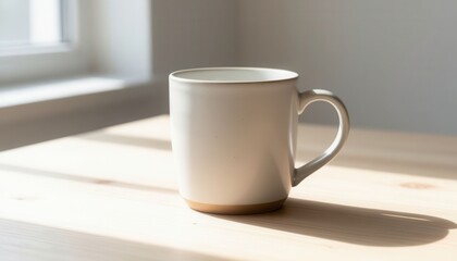 Fototapeta premium Empty beige ceramic coffee mug on wooden table with soft natural sunlight