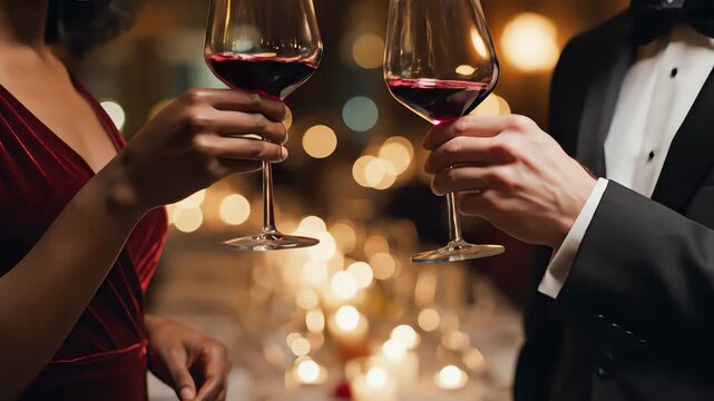 Medium Headless Shot of Couple Clinking Red Wine Glasses in Luxury Restaurant