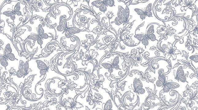 Intricate blue and white damask pattern texture suitable for backgrounds and design projects.