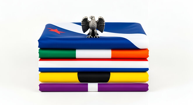 Stack of folded flags from different countries with a silver eagle statue on top against a white background in studio lighting
