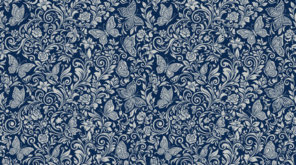 Intricate blue damask fabric pattern featuring floral motifs and ornate arabesque details. © bohey