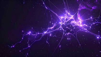 Obraz premium Glowing purple neuron structure with radiant nodes in dark space