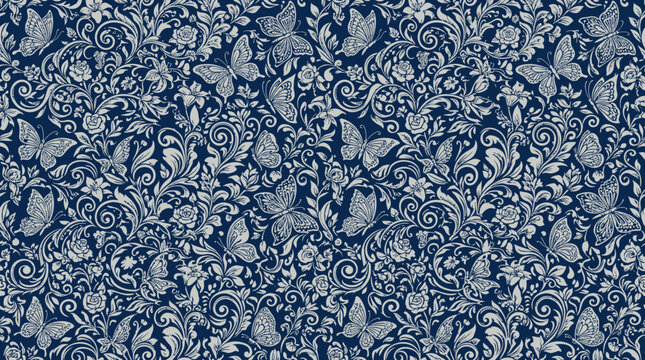 Intricate blue damask fabric pattern featuring floral motifs and ornate arabesque details.