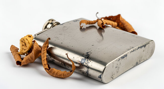 Stainless steel hip flask resting on white surface surrounded by curled dried autumn leaves in a studio setting for liquor storage