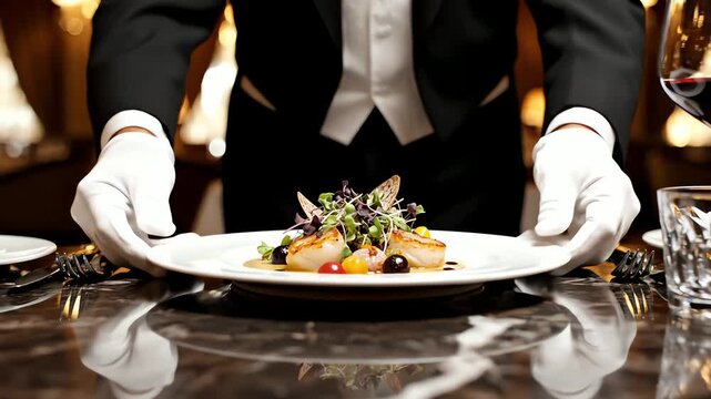 Headless Shot of Waiter in White Gloves Serving Gourmet Dish in Luxury Restaurant