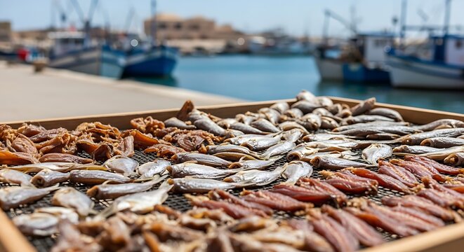 Dried seafood on a wooden tray by the harbor