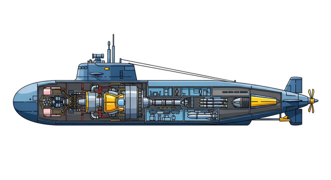Submarine cross-section detailed technical illustration showing engine torpedoes and crew compartments in cartoon style design