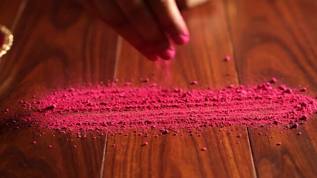 Hand sprinkling vibrant pink powder for rangoli or decorative patterns on a polished wooden surface, cultural tradition and celebration, crafting vibrant designs