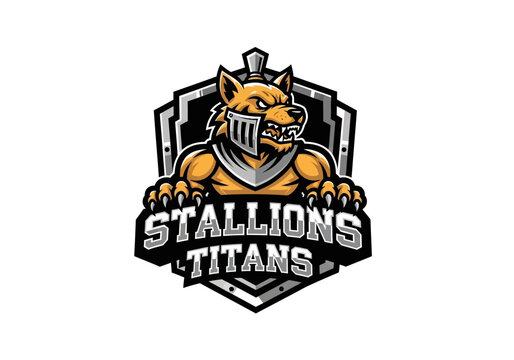 Stallions Titans Esports Mascot Logo Featuring an Armored Wolf Knight with Sharp Claws and Shield, Vector Illustration for Competitive Gaming Teams and Sports Branding