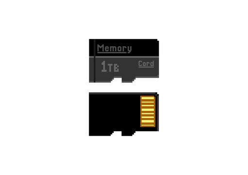 Pixel art illustration of a 1TB micro SD memory card, showing both the front face with storage capacity labels and the back with gold contact pins.