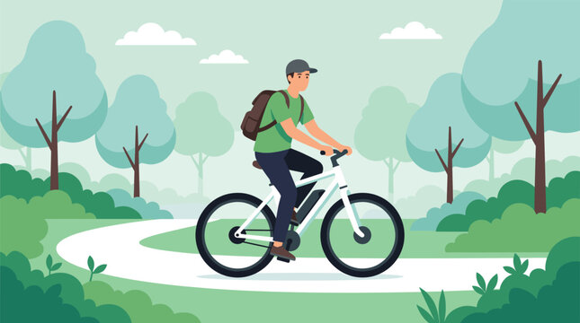 Man riding an electric bicycle on a winding path through a green park with trees, flat vector illustration, outdoors