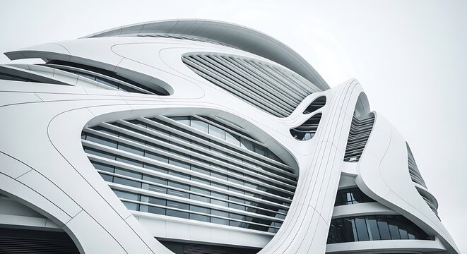 Futuristic white building with parametric organic curves and glass windows on a bright overcast day showcasing modern architectural design trends