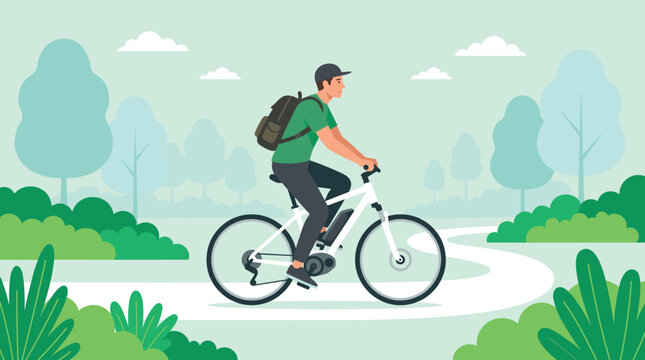 Man riding an electric mountain bike on a winding park path through green trees, outdoor fitness and eco-friendly transportation