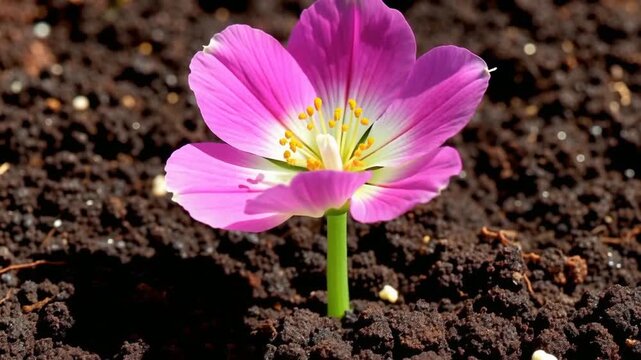 Pink Flower Blooming Time Lapse - Beautiful Magenta Blossom Opening From Soil Bud To Full Bloom