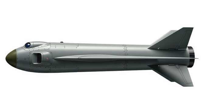 Military Cruise Missile with Olive Green Nose Cone and Fins Isolated on White, Strategic Weapon